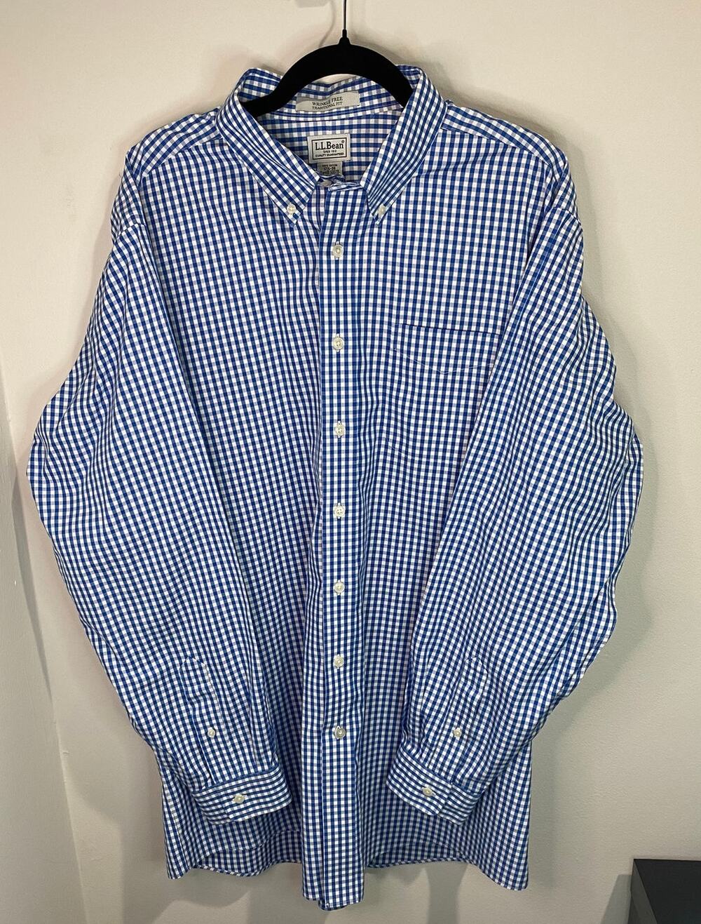LL Bean Shirt Mens 17.5 36 Blue White Gingham Wrinkle Free Cotton Classic EUC